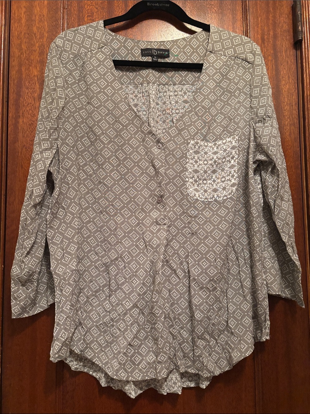 Fred David Gray Printed Button-Front Tunic with Contrast Pocket